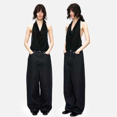 小众设计铆钉挂脖露背黑色吊带女