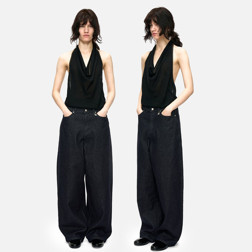 小众设计铆钉挂脖露背黑色吊带女