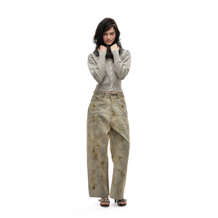 no info 颓废脏染破损工艺高腰阔腿修身小众洗水牛仔裤早春新款女