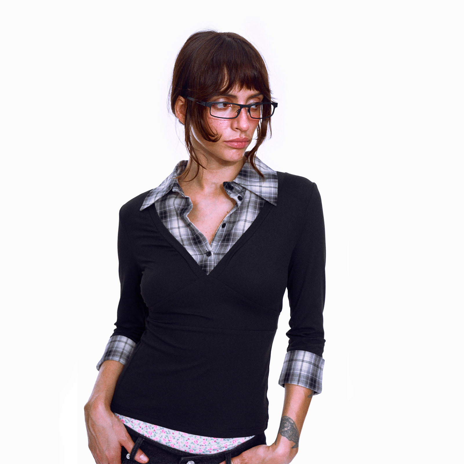 美高偶像90s格纹衬衫拼接T恤