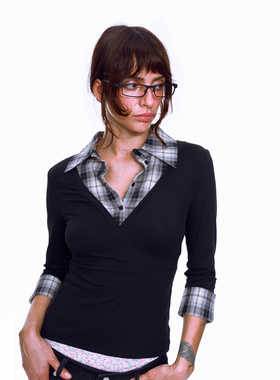 no info‘美高偶像’90s格纹衬衫拼接7分袖系腰上衣学院辣妹新