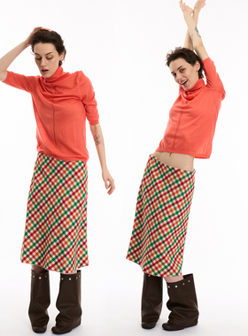 NOINFO出生名门的叛逆千金 毛呢格纹修身中长半身裙2025秋冬新款