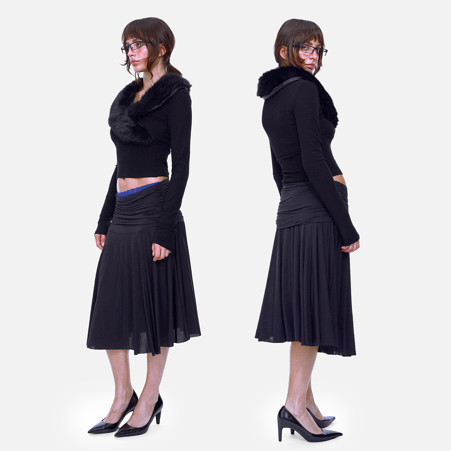 又拽又性感低腰褶皱黑色半身裙