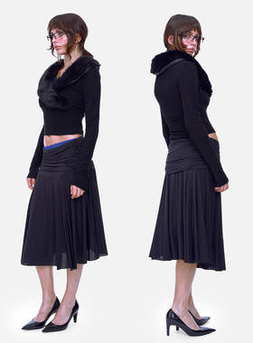 Office Siren 又拽又性感低腰褶皱垂感中长半身裙黑色短裙