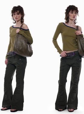 NO INFO‘高质量街拍’美式复古辣妹显白条纹单肩长袖上衣早秋新