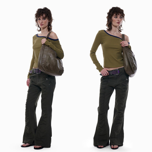 复古辣妹显白条纹单肩长袖上衣