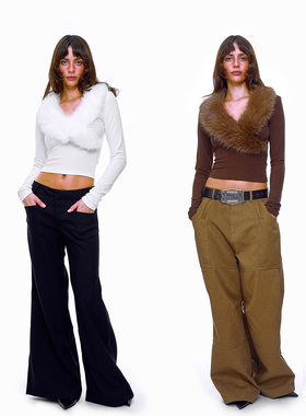 no info'寡头千金’2025年秋冬新款V领显瘦毛领长袖修身上衣辣妹