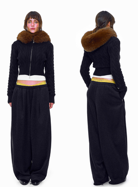 no info 'Slavic Girl' 东欧老钱超大狐狸毛领短款针织拉链开衫冬