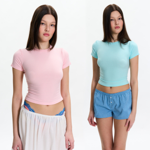 舒适感’多巴胺欧若粉蓝螺纹正肩修身 南意 圆领T恤女 info