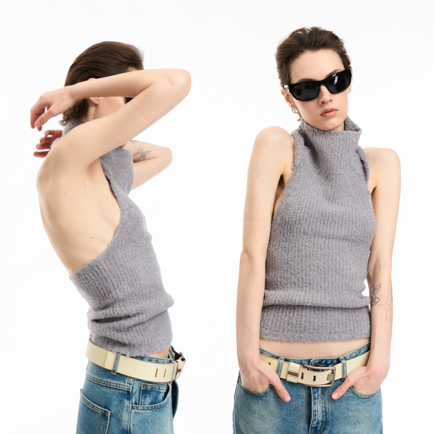 复古高智性感露背挂脖毛衣针织衫