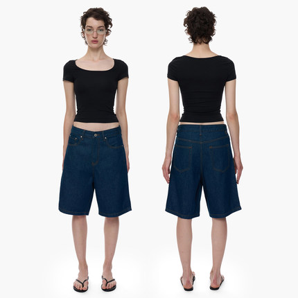 no INFO简约纯棉修脸小方领正肩短袖T恤修身辣妹显瘦打底新款上衣