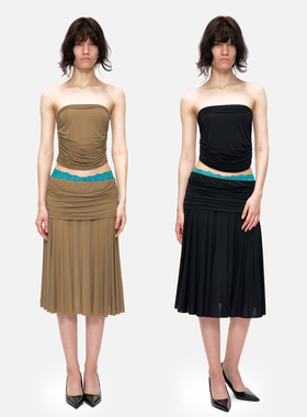 no info‘加州富家女’褶皱弹力抹胸上衣/低腰百褶垂感半身裙女