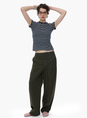 no INFO雅痞弯刀茧形镰刀复古分割高密纯棉中低腰宽松抽绳休闲裤