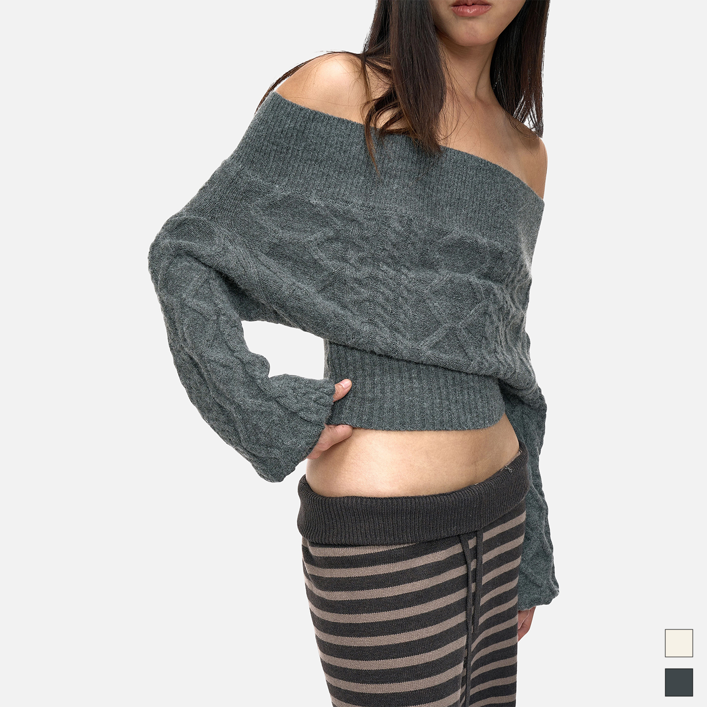 中古感一字露肩收腰毛衣上衣女