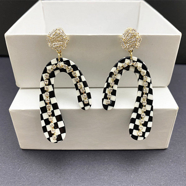 不对称黑白格耳钉925银针韩国女