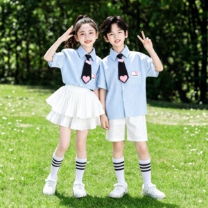 派米图儿童学院风演出服男女童蓝白条纹翻领领带小学生表演服装