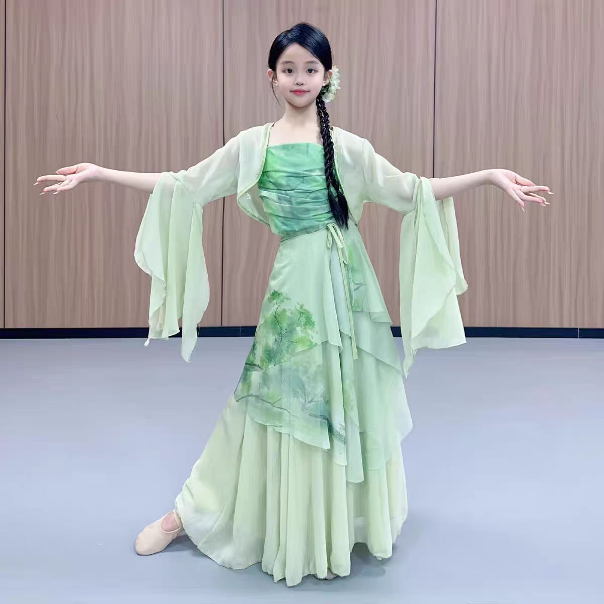 古典舞服装女童绿色飘逸仙气纱衣中国舞国风身韵演出服套装浅春系图片