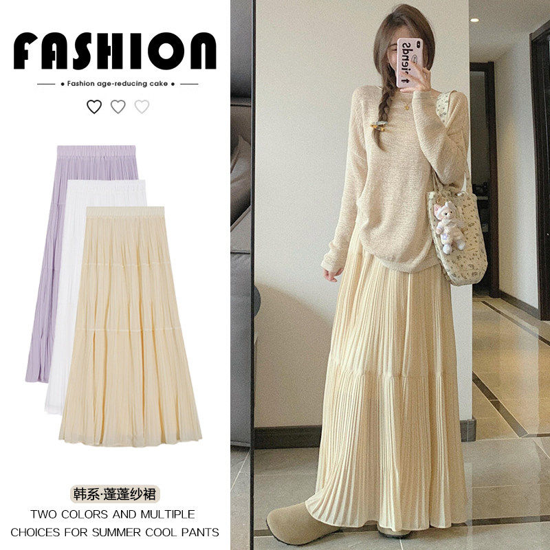 韩系百褶半身裙女春秋冬2026新款高腰a字大摆伞裙中长款蛋糕纱裙