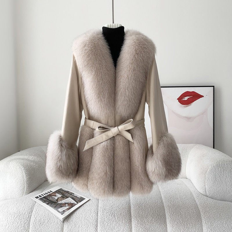 2025冬新款海宁狐狸毛真羊皮鹅绒羽绒服中长款腰带修身皮草外套女