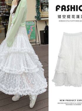 白色蕾丝蛋糕裙女高腰A字中长款仙女网纱半身裙温柔风