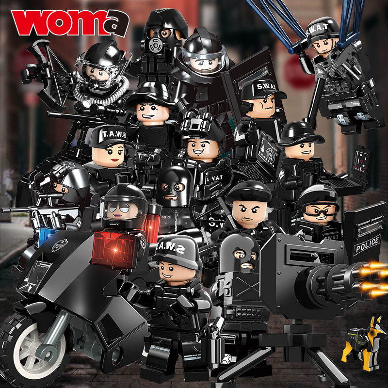 沃马动漫积木搭插拼装军事和平力量全军出击特警战队人仔玩具男童