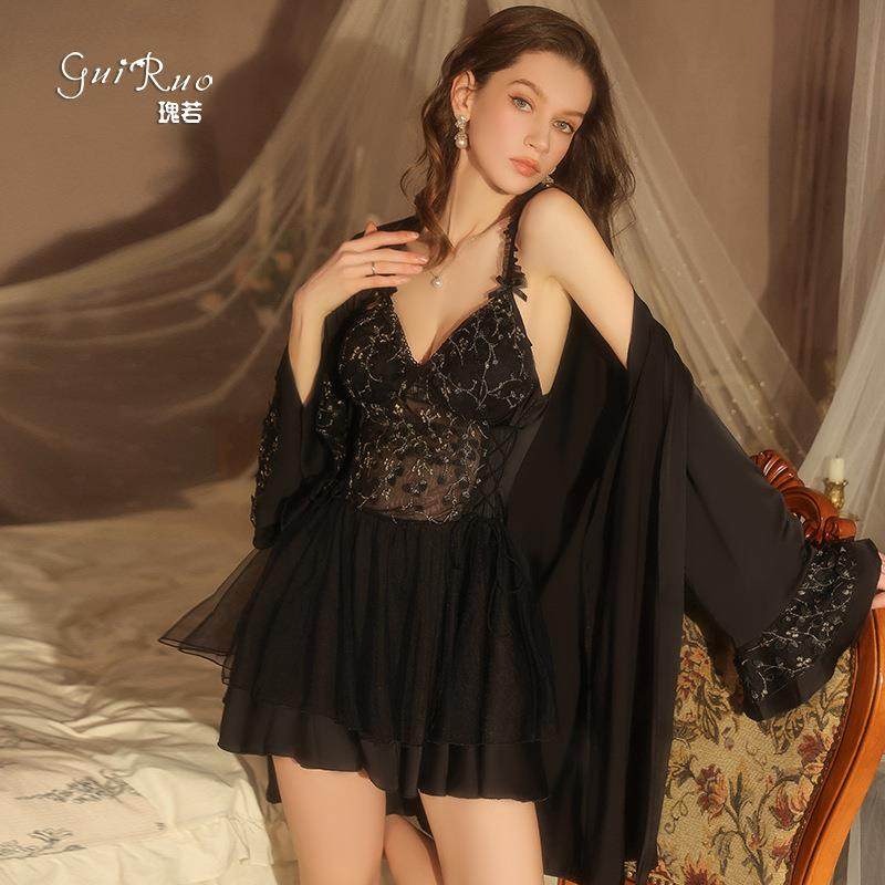 内衣激情火辣露背加胸垫甜美刺绣蕾丝缎面睡裙外袍套装M5516,女士内衣/男士内衣/家居服,睡袍/浴袍,淘宝优惠券,粉丝福利购,淘宝优惠卷