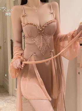 顺滑缎面内衣激情火辣露背深V加胸垫睡裙网纱外袍女套装4955