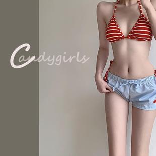 Candygirls红色条纹泳衣女新款温泉分体欧美性感纯欲度假风比基尼