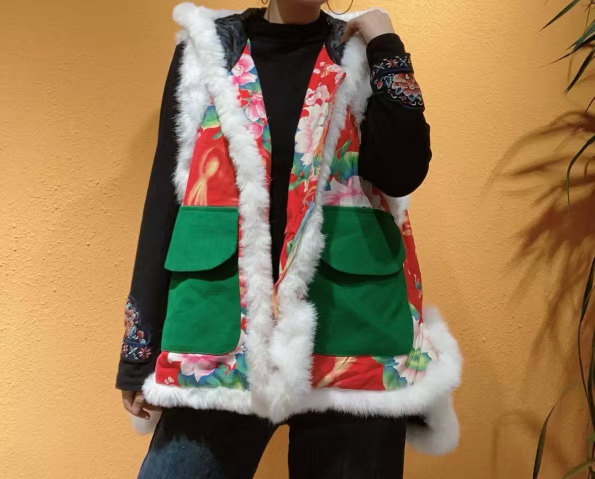 民族风经典老花布加棉戴帽子前短后长马甲