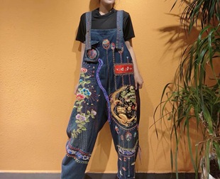 牛仔背带裤 民族风手工老绣时尚 个性