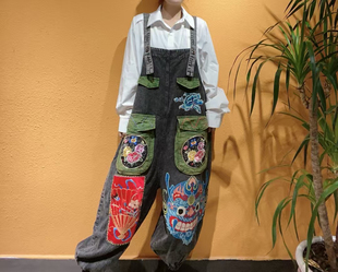 民族风手工老绣时尚 设计牛仔背带裤