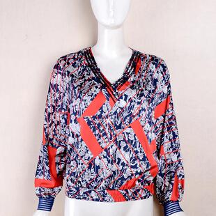 2025春季 女装 短袖 蝙蝠袖 拼色V领上衣尾货宝蓝 大码 捡漏ML