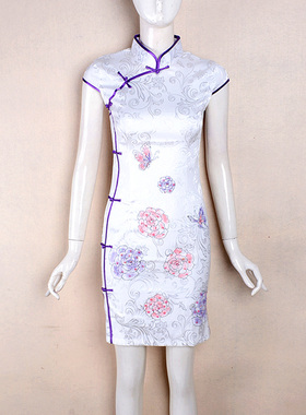 （捡漏M-XL）桑梓之花2025夏棉质透气短袖立领旗袍手绘紫色尾货