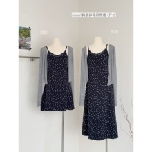 宅宅athome//慕时花期～藏青色碎花蕾丝吊带裙连衣裙防晒开衫套装