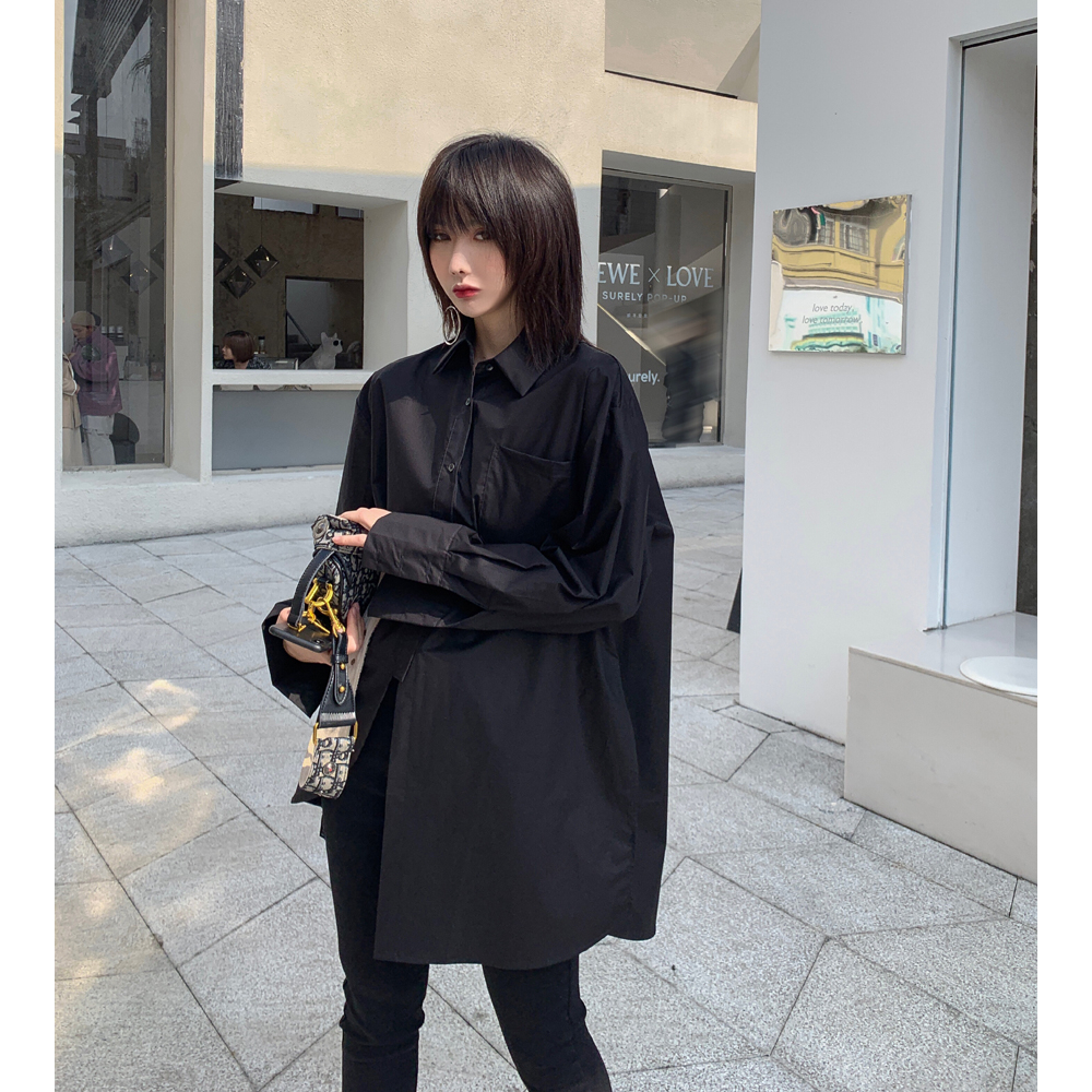 实拍2025秋冬新款BF风暗黑小众设计感侧开叉不规则衬衫女中长款潮