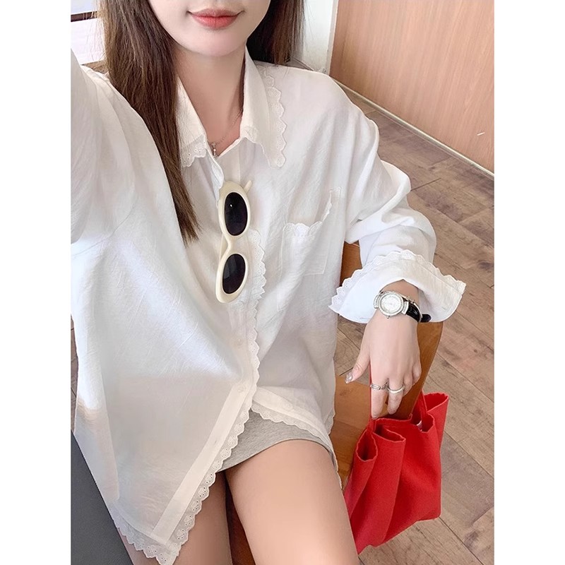 白色蕾丝防晒长袖衬衫外套女款夏季宽松衬衣2025新款上衣