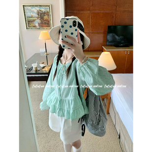 fufufun「薄荷生巧」原创春日肌理感氧气少女薄荷蓝绿系带衬衣
