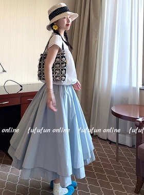 fufufun「夏日信笺」雾霾蓝&茉莉白 两色重工双层大裙摆半身裙