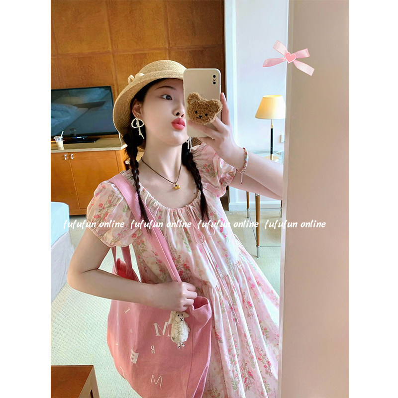 fufufun「春日花束」原创日系少女粉碎花可抽绳系带连衣裙