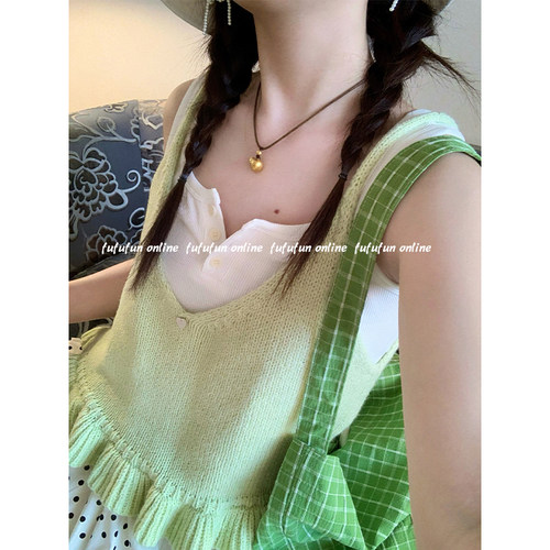 fufufun「春日青苹果」日系小花边下摆针织吊带设计感春夏叠搭