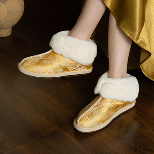 非遗手工靴子两穿翻毛保暖靴隐形增高靴中筒 花笙缘新中式 凝霜