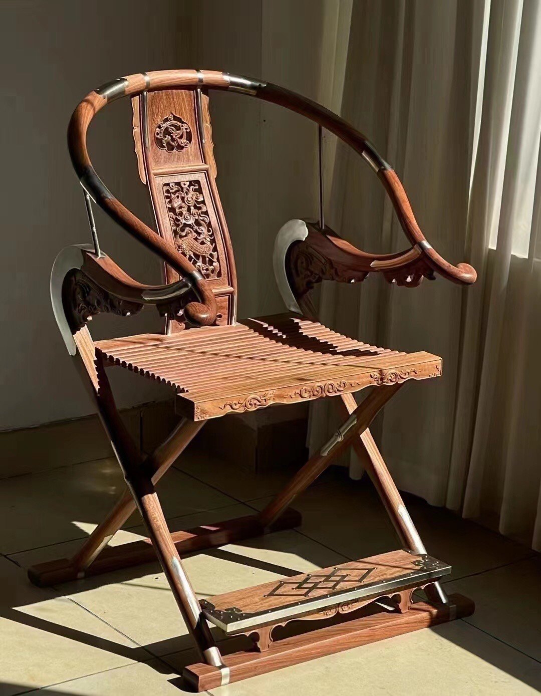 苏作诚品明式家具实木缅花大果紫檀头把交椅缅甸花梨木折叠椅圈椅