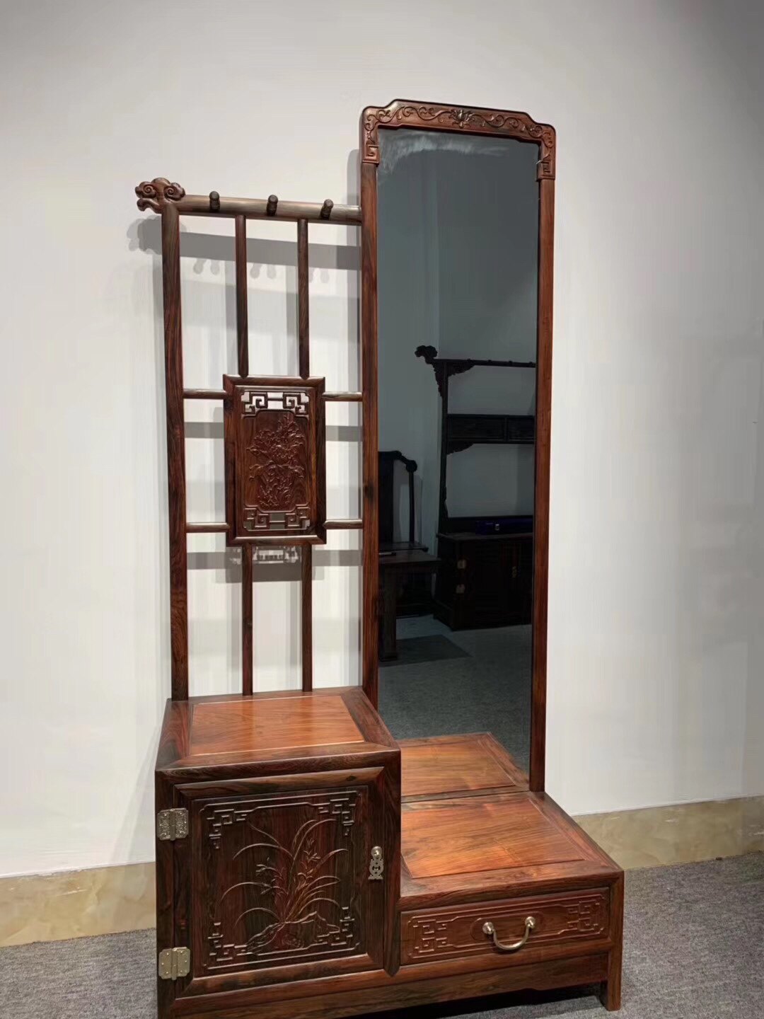 中式实木衣帽架现大红酸枝落地试衣镜挂衣架别墅卧室禅意衣架家具