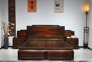老挝大红酸枝交趾黄檀卧室实木高低床檀雕荷花仿古双人床红木家具