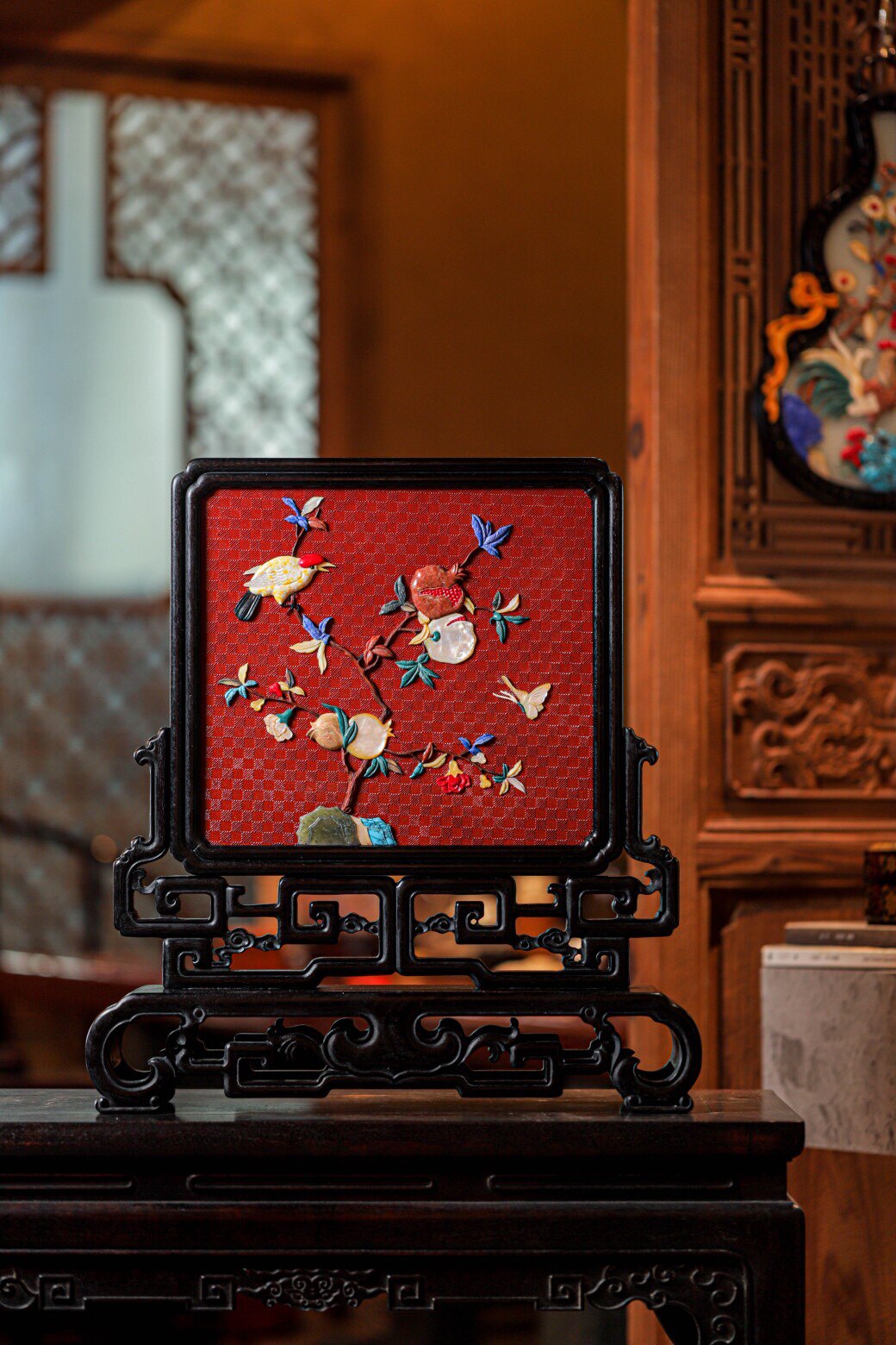 印度小叶紫檀百宝镶嵌故宫座屏台屏首饰盒百宝箱嫁妆笔筒挂屏红木