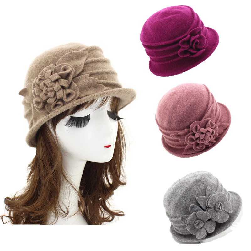 新款妈妈帽保暖套头羊毛帽毛呢盆帽秋冬季中老年女士老人花朵帽
