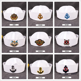 儿童表演帽制服船长水手帽翻边刺绣贴标白色海军帽成人舞台道具帽