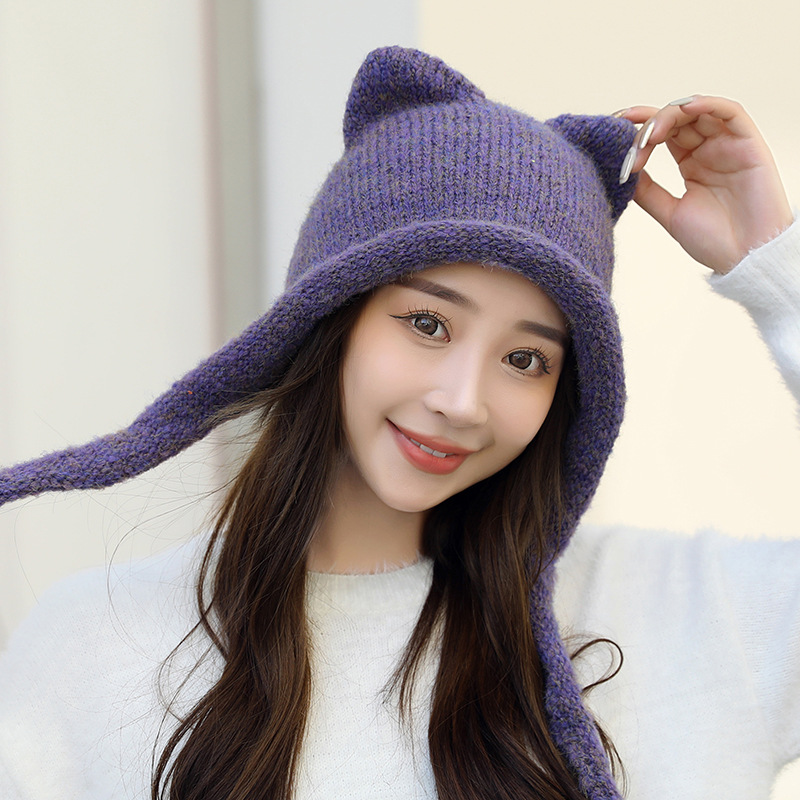 纯色猫耳朵小辫子针织帽