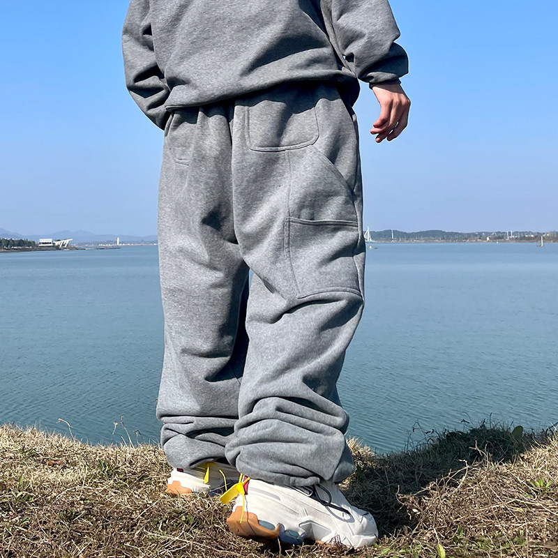 TWITU秋冬超重磅550g侧袋宽松卫裤嘻哈街头加绒休闲运动美式长裤