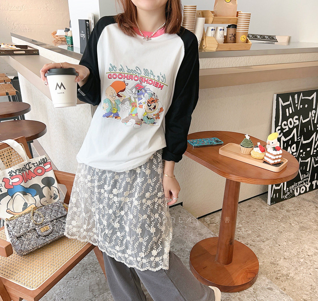 兔美善韩国代购女装 春新 卡通漫画人物印花插肩袖长袖T恤